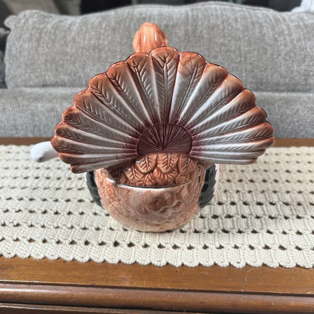 Vtg 2.5 Qt. Ceramic Turkey Soup Tureen with LID and LADLE Farmhouse Country 90s